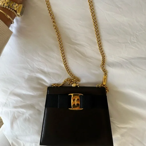 *SOLD*Authentic Salvatore Ferragamo Leather Black Bow Bag w/ Gold Chain - Picture 14 of 17